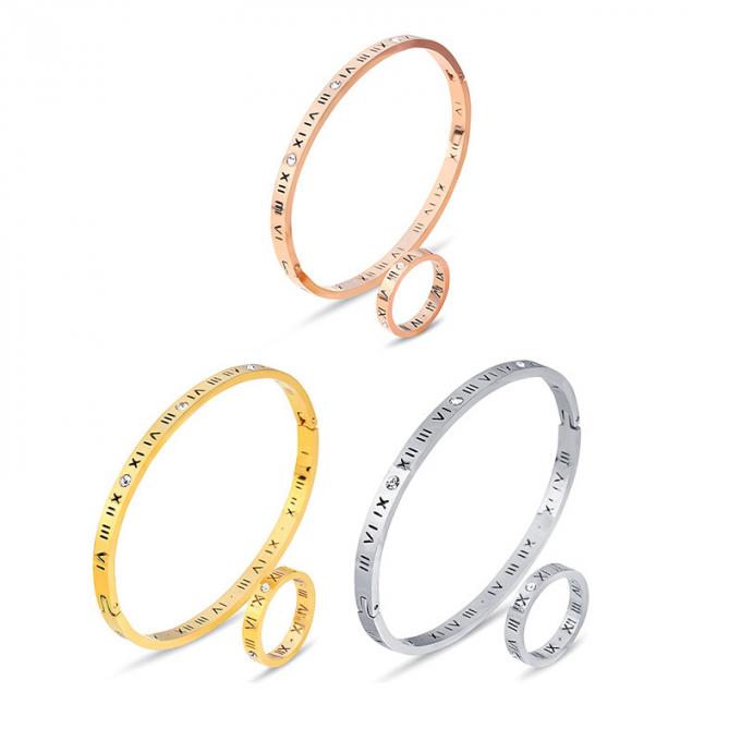 O ouro da forma chapeou pulseira de aço inoxidável e Ring Roman Number Bangle das senhoras da pulseira