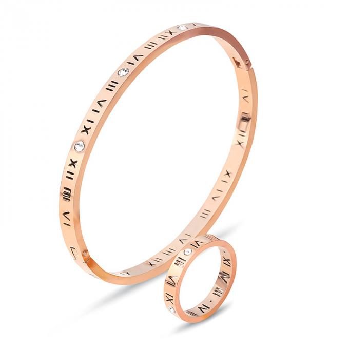 O ouro da forma chapeou pulseira de aço inoxidável e Ring Roman Number Bangle das senhoras da pulseira