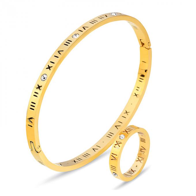 O ouro da forma chapeou pulseira de aço inoxidável e Ring Roman Number Bangle das senhoras da pulseira