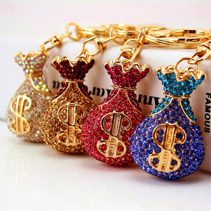 Acessórios por atacado Keyhains de Diamond Crystal Money Bag Car Key Ring Metal Pendant Women Bag para presentes
