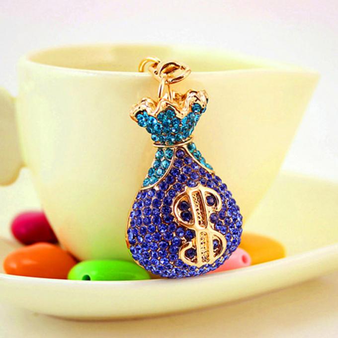 Acessórios por atacado Keyhains de Diamond Crystal Money Bag Car Key Ring Metal Pendant Women Bag para presentes